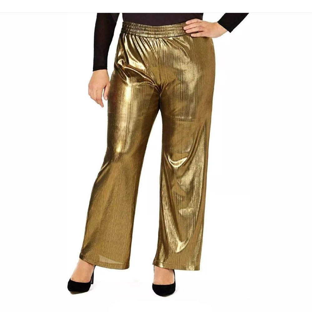 NY COLLECTION WOMENS STRETCH WIDE LEG PANTS METALLIC GOLD STRIPED 2X PETITE